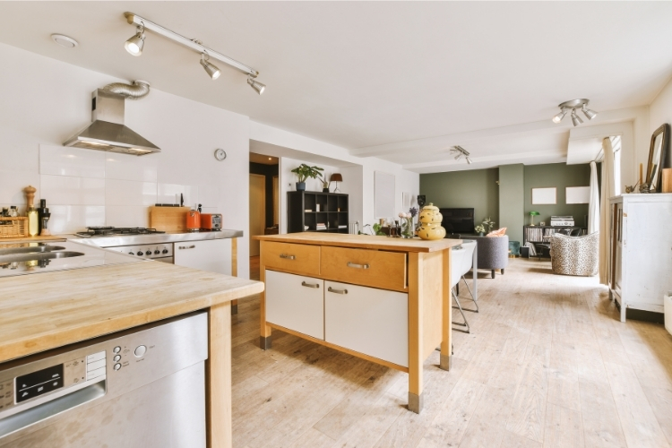 Picture of a completed kitchen in open space